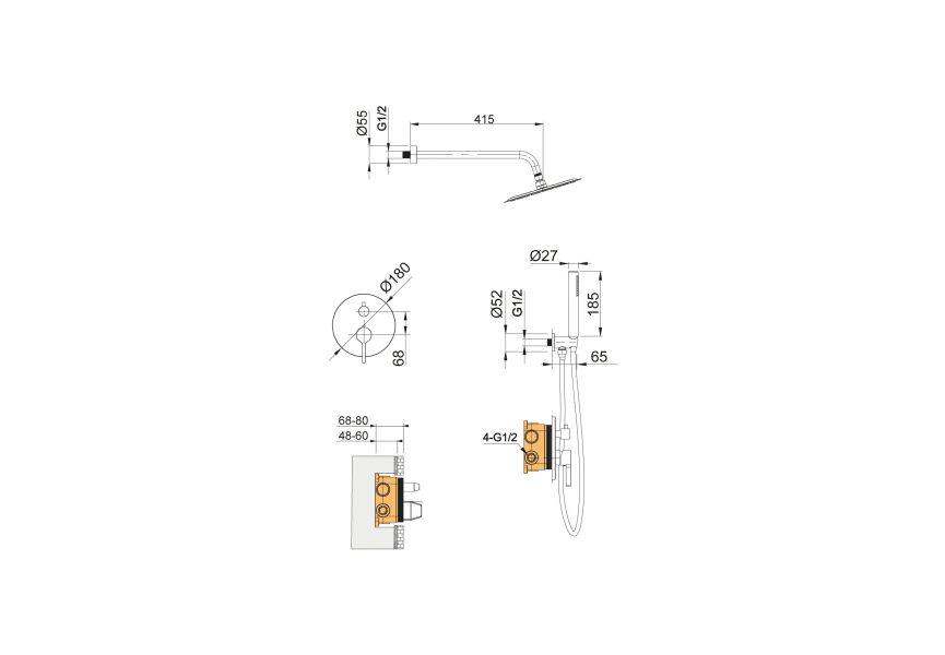 Conjunto de ducha empotrado de Lluvibath Bambú Croquis 5