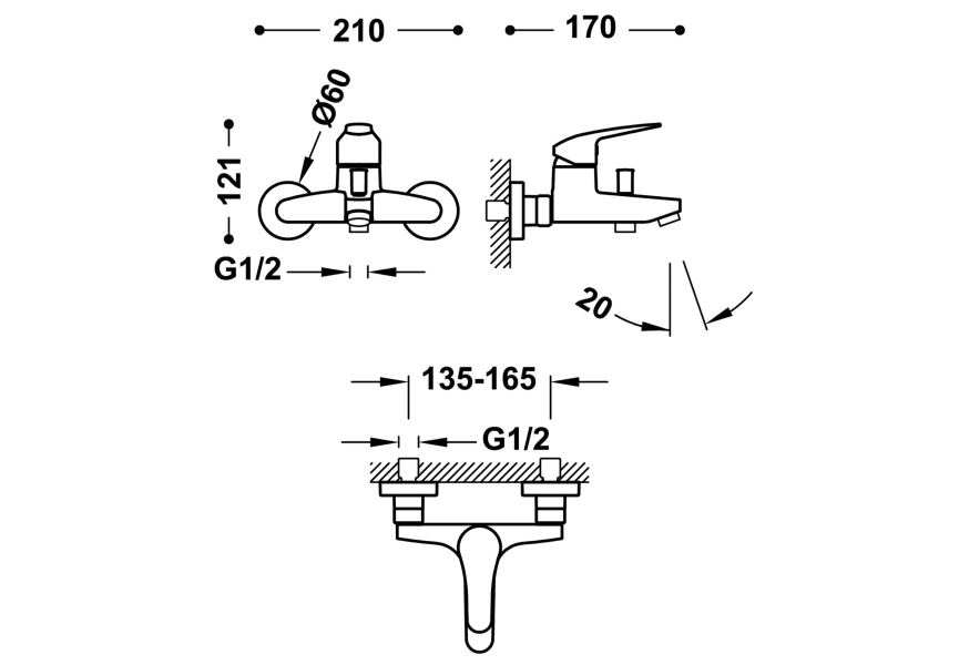 Grifo de ducha y bañera empotrado Tres Base Plus Croquis 2