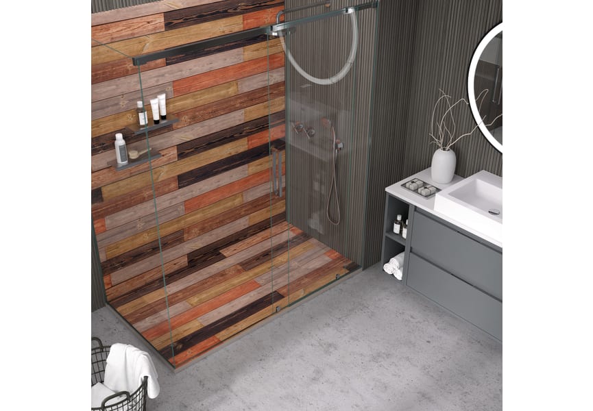 Platos de ducha de resina decorados Bruntec Design 3D Madera Rústica Ambiente 1
