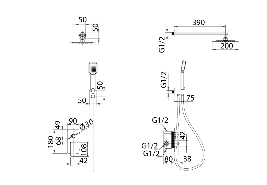 Conjunto de ducha empotrado de Imex Pisa Croquis 13