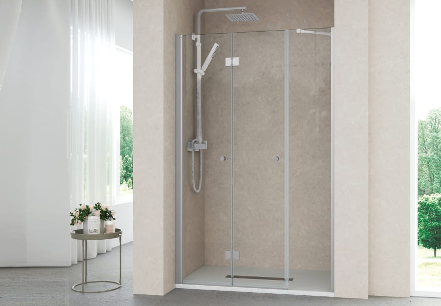 Mampara ducha Frontal de cristal 1 fijo + 1 puerta + costado fijo ✓