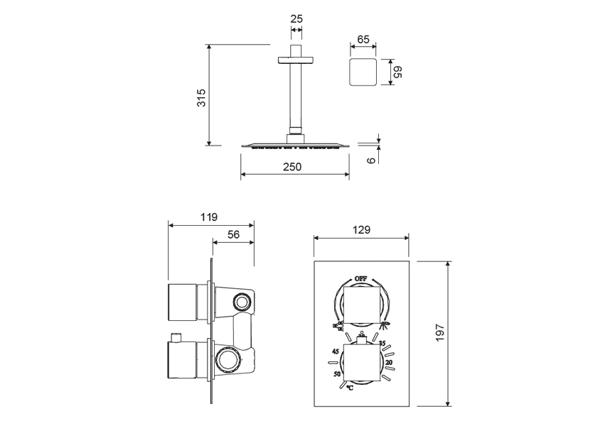 Conjunto de ducha empotrado al techo Lluvibath Artemis Croquis 2