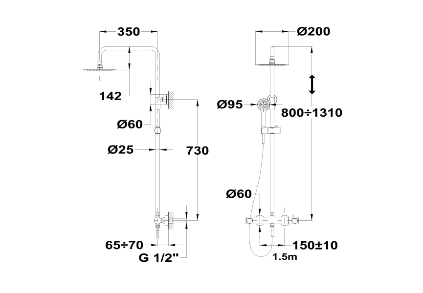 Columna de ducha extensible termostático Strohm Teka Manacor Croquis 4
