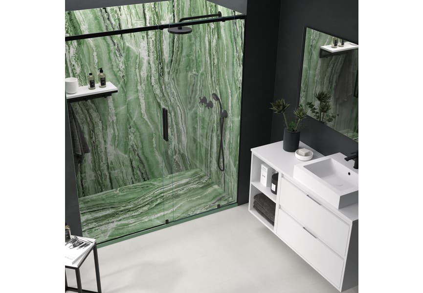 Platos de ducha de resina decorados Bruntec Design 3D Marmol Travertino Ambiente 1