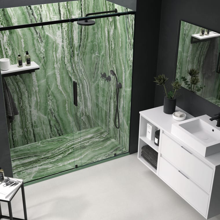 Platos de ducha de resina decorados Bruntec Design 3D Marmol Travertino Ambiente 1
