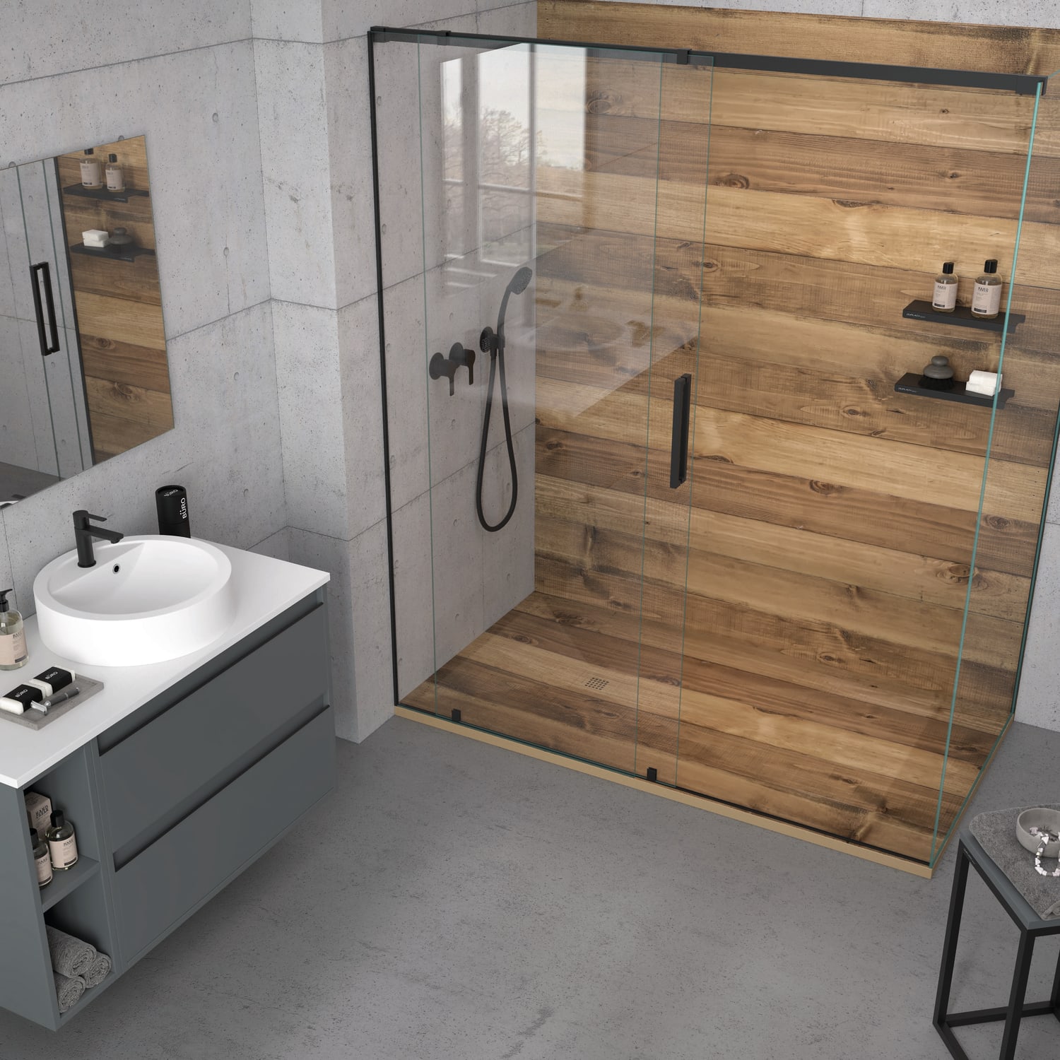Platos de ducha de resina decorados Bruntec Design 3D Madera Rústica Ambiente 7