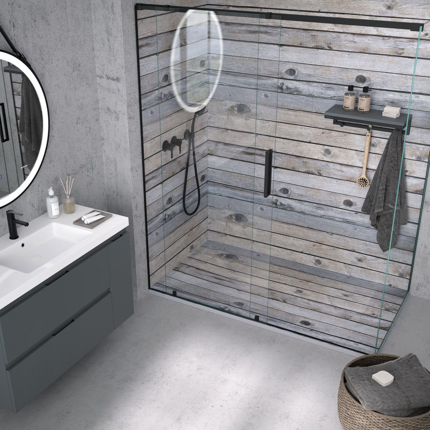 Platos de ducha de resina decorados Bruntec Design 3D Madera Rústica Ambiente 12