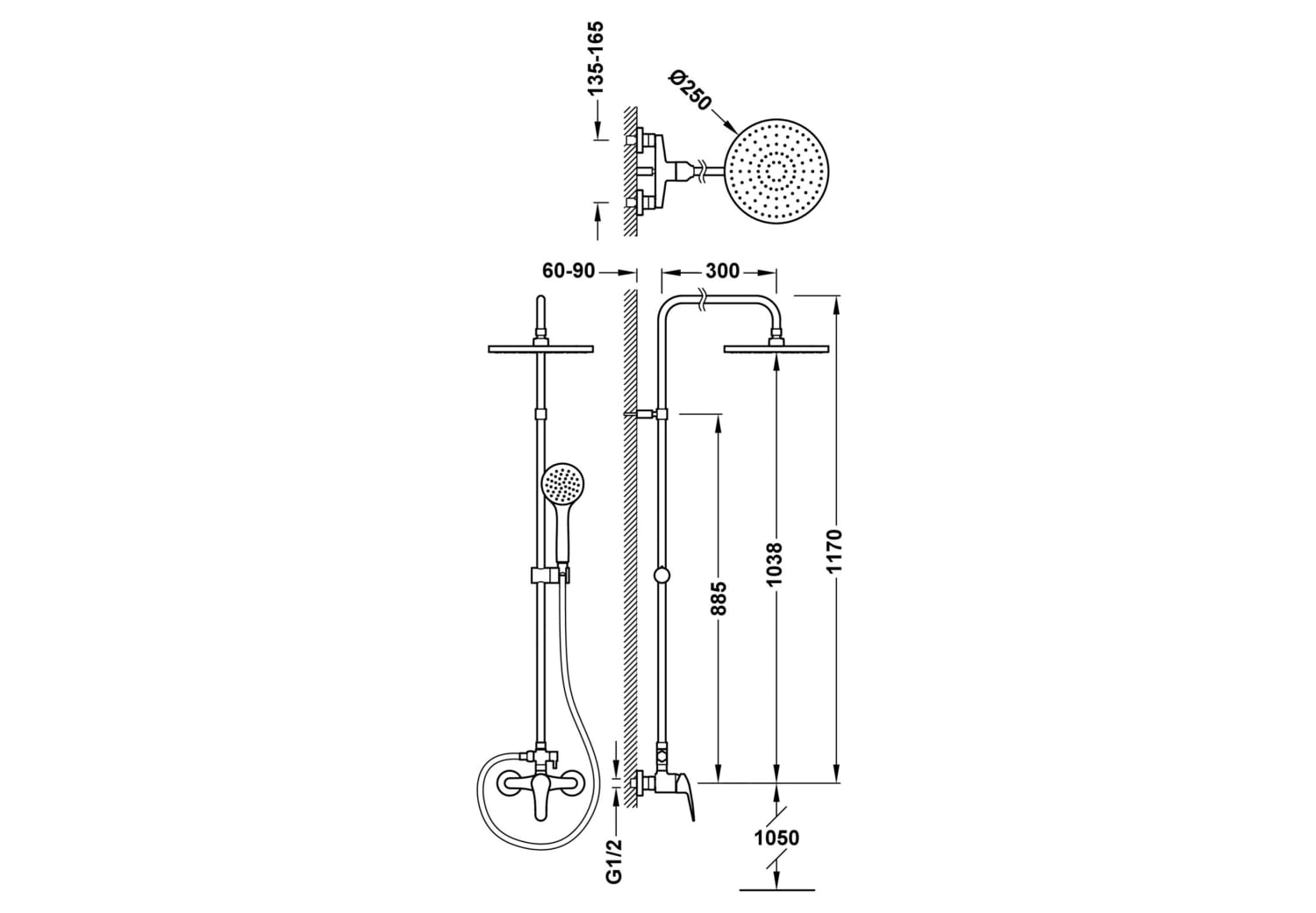 Conjunto de ducha y bañera empotrado Tres Base Plus Croquis 1