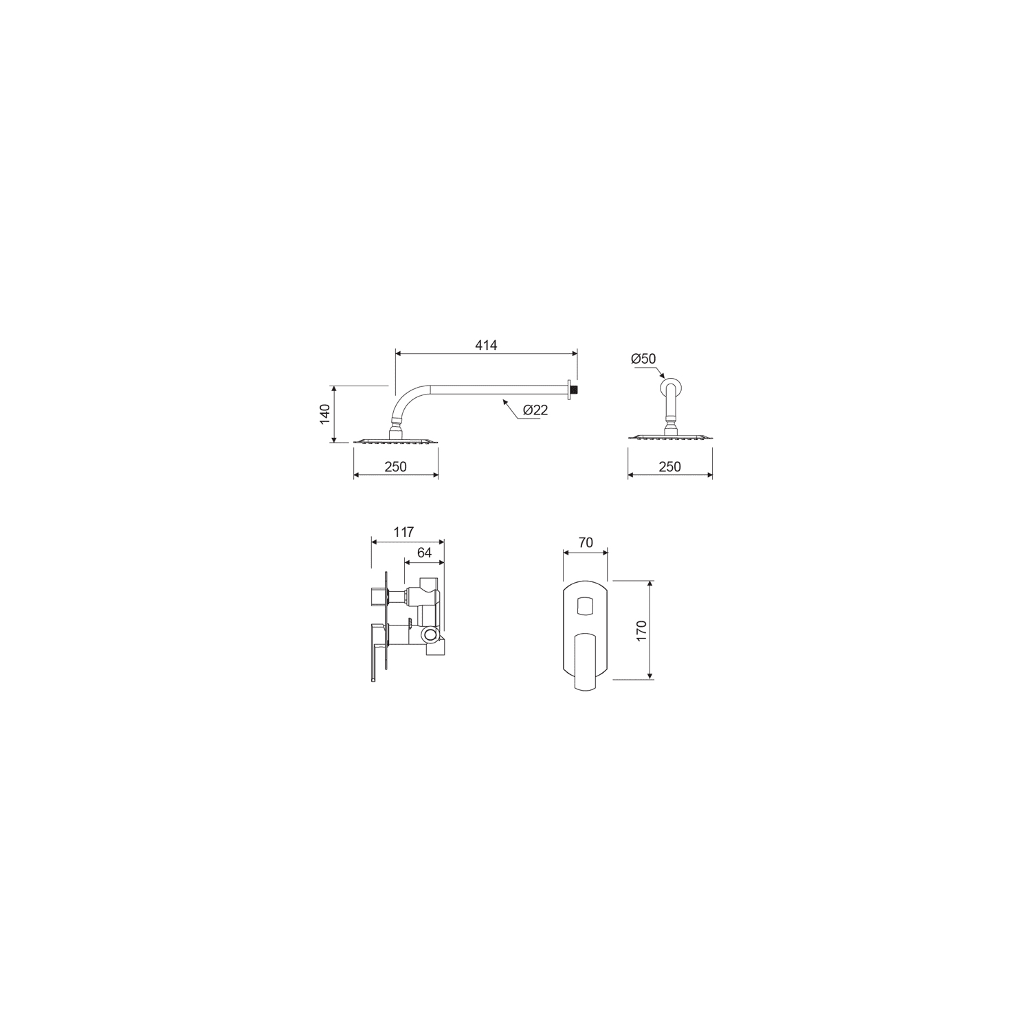 Conjunto de ducha empotrado Lluvibath Apolo Croquis 2