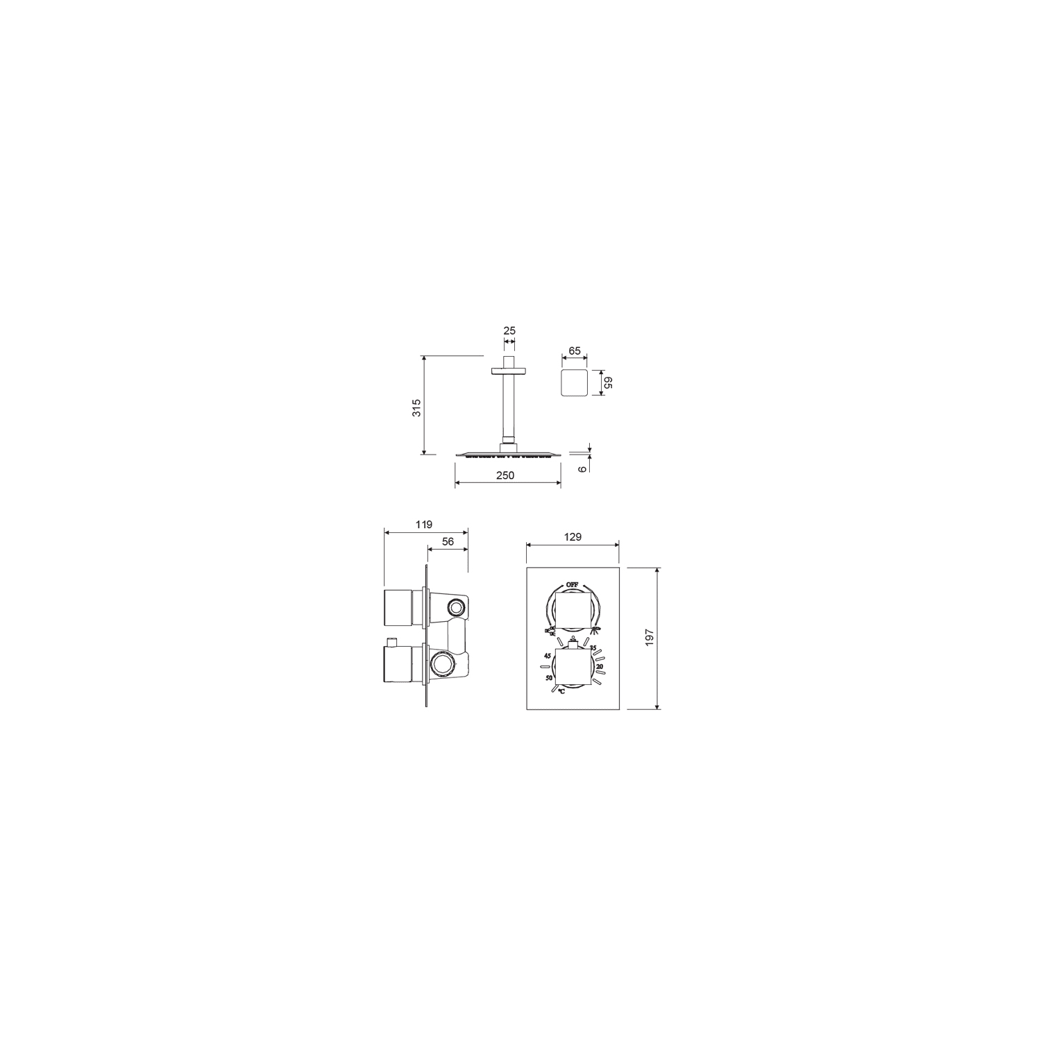 Conjunto de ducha empotrado al techo Lluvibath Artemis Croquis 2