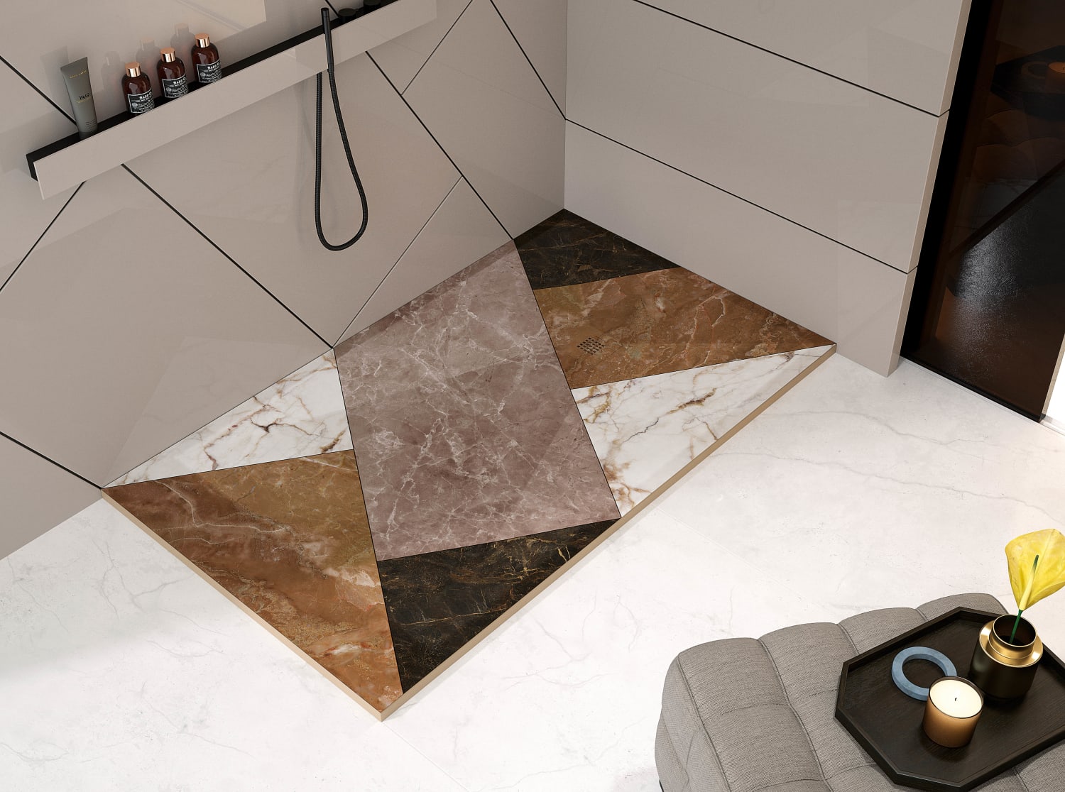 Platos de ducha de resina decorados Bruntec Design 3D Mosaico Ambiente 1