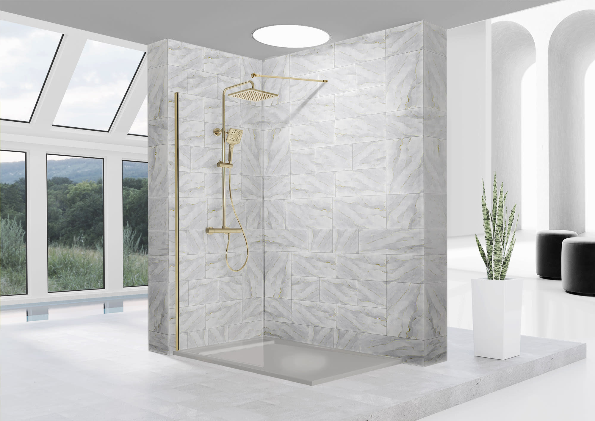 Mampara de ducha dorada 100x80 cm, transparente, pentagonal