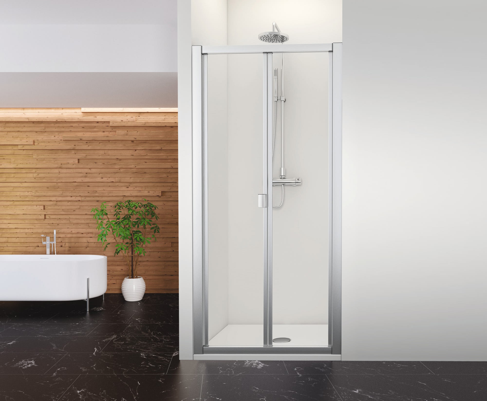 Mampara ducha frontal baño dos puerta plegable con perfil negro