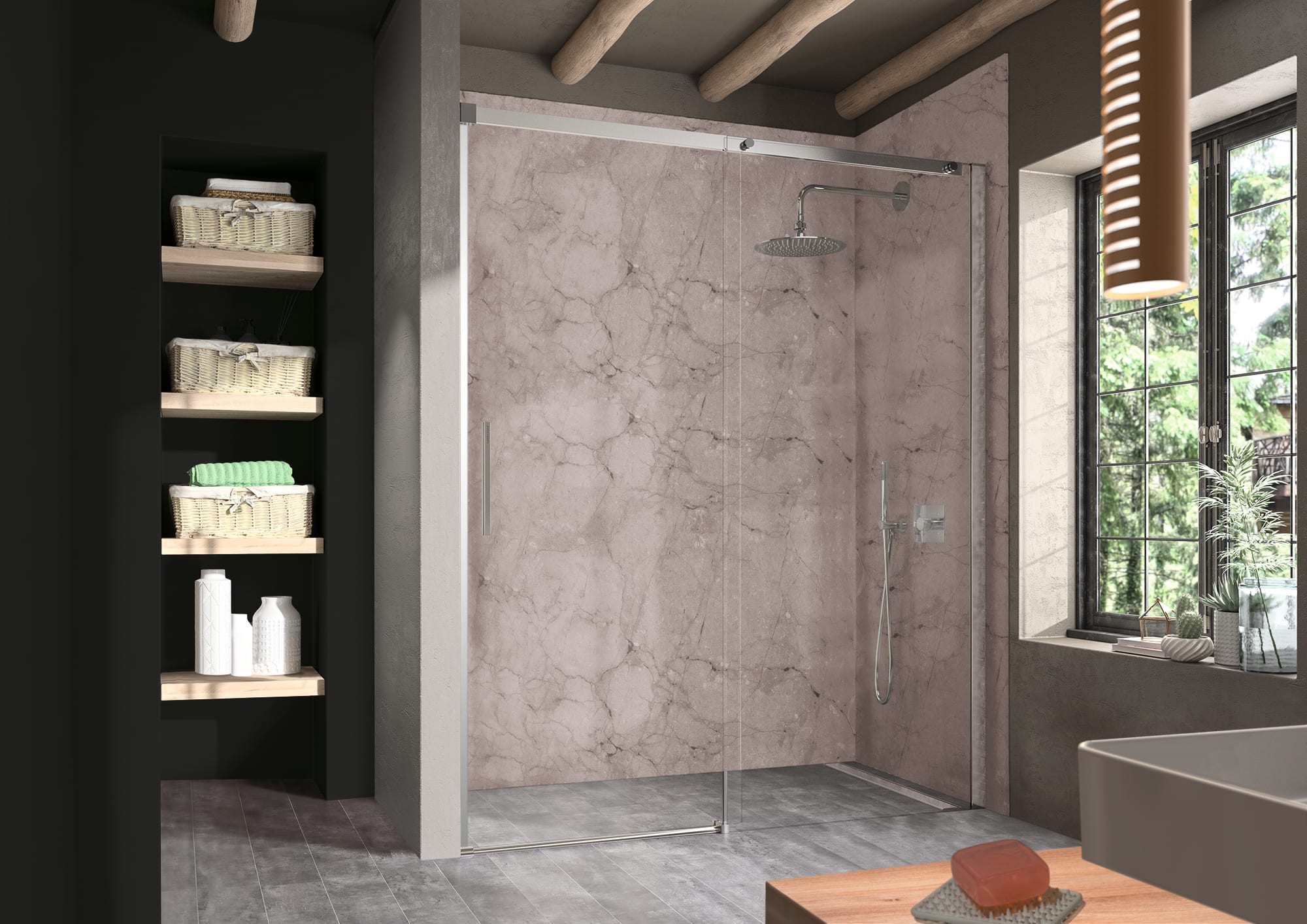 Mampara de ducha cuadrada con puerta corredera esquinera modelo Lauren de  70x100 cm en cristal templado