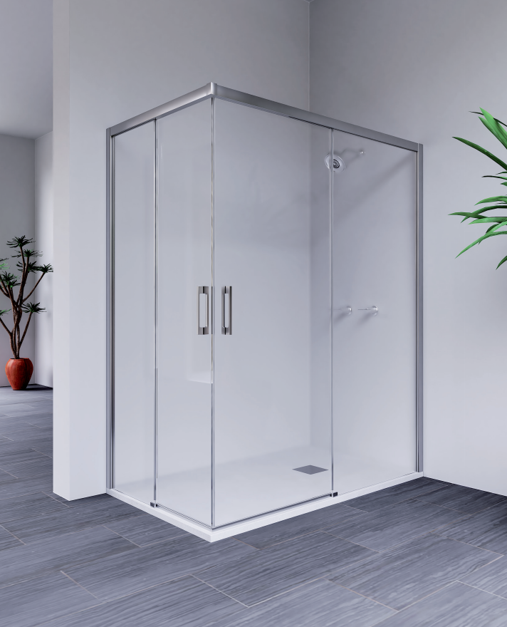 Mampara para plato en esquina hecha con cristal transparente y enmarcada con aluminio